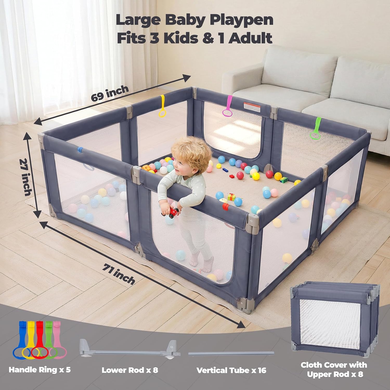 Detalle 2 de Kidirect Foldable Baby Playpen, 71" × 69", Gray Mesh, 8 Panels