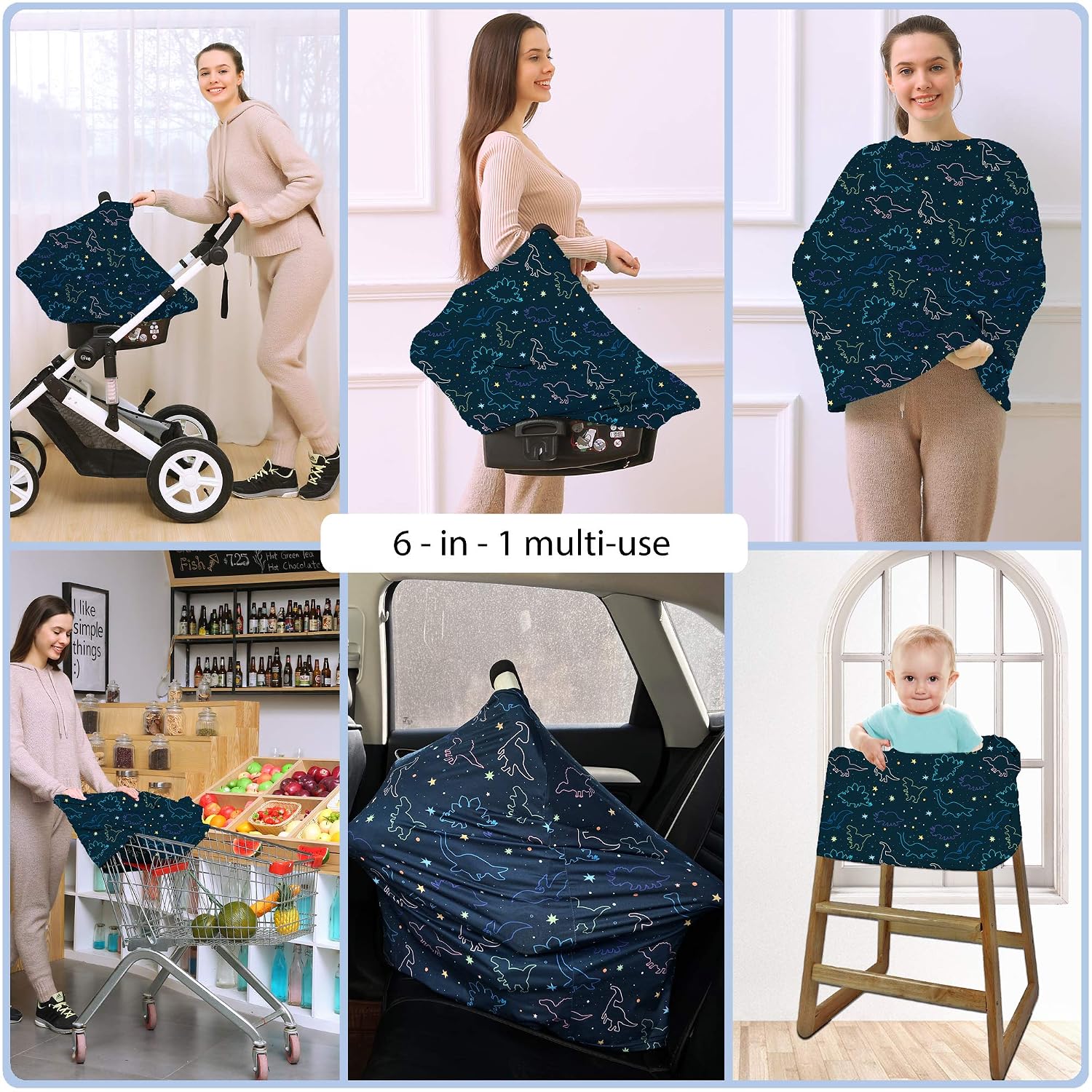 Detalle 2 de ByeBye Calorie print-2021 Multi-Use Baby Car Seat Cover, Dark Blue Dinosaur