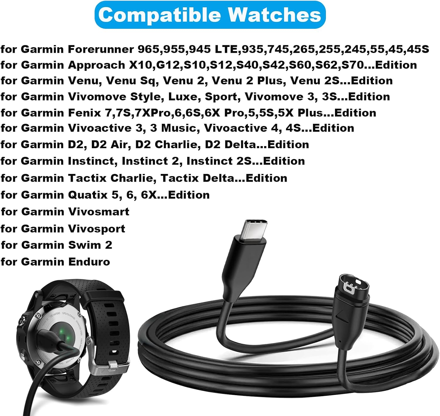 Thumbnail 4 de USB C Charger Cable for Garmin Vivoactive 1m (2 Pack)