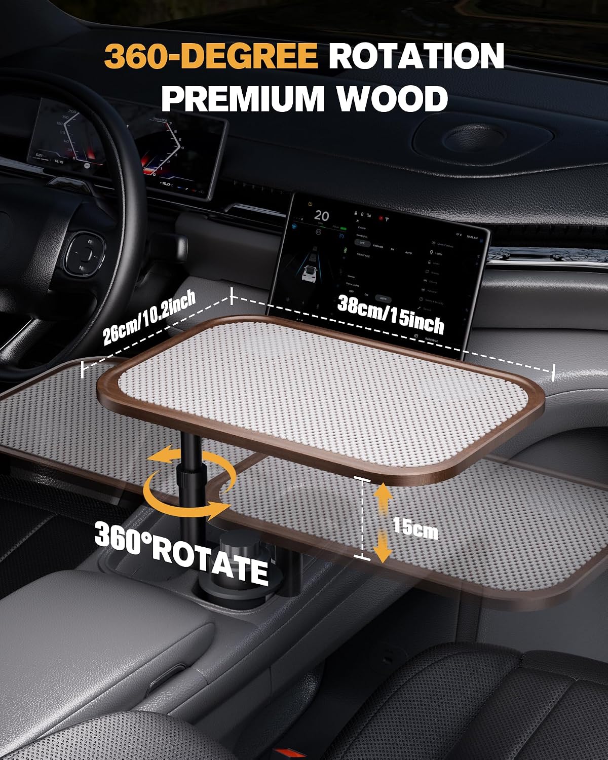 Detalle de Aucoza Car Desk with Adjustable Height, Wood-Grain Finish and Rotating Cup Holder
