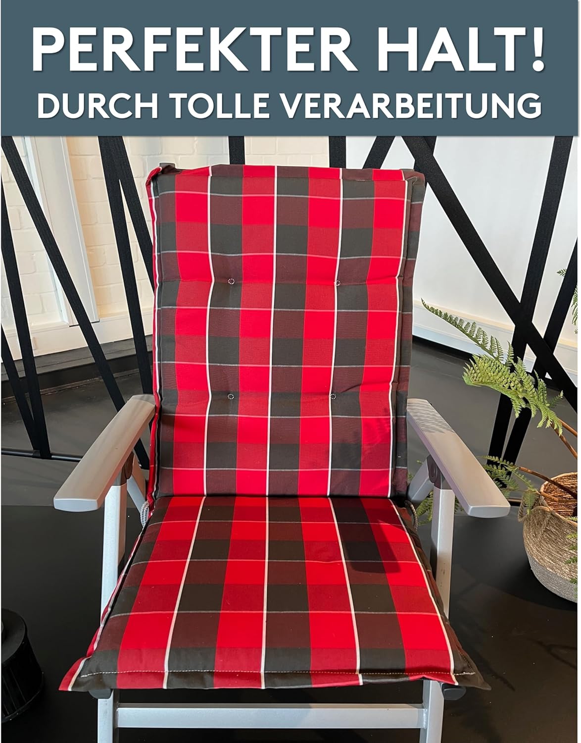 Detalle 2 de LILENO HOME Gartenstuhlauflagen 2er-Set Hochlehner in Karo Rot/Grau – Sitzpolster für Garten- und Klappstühle