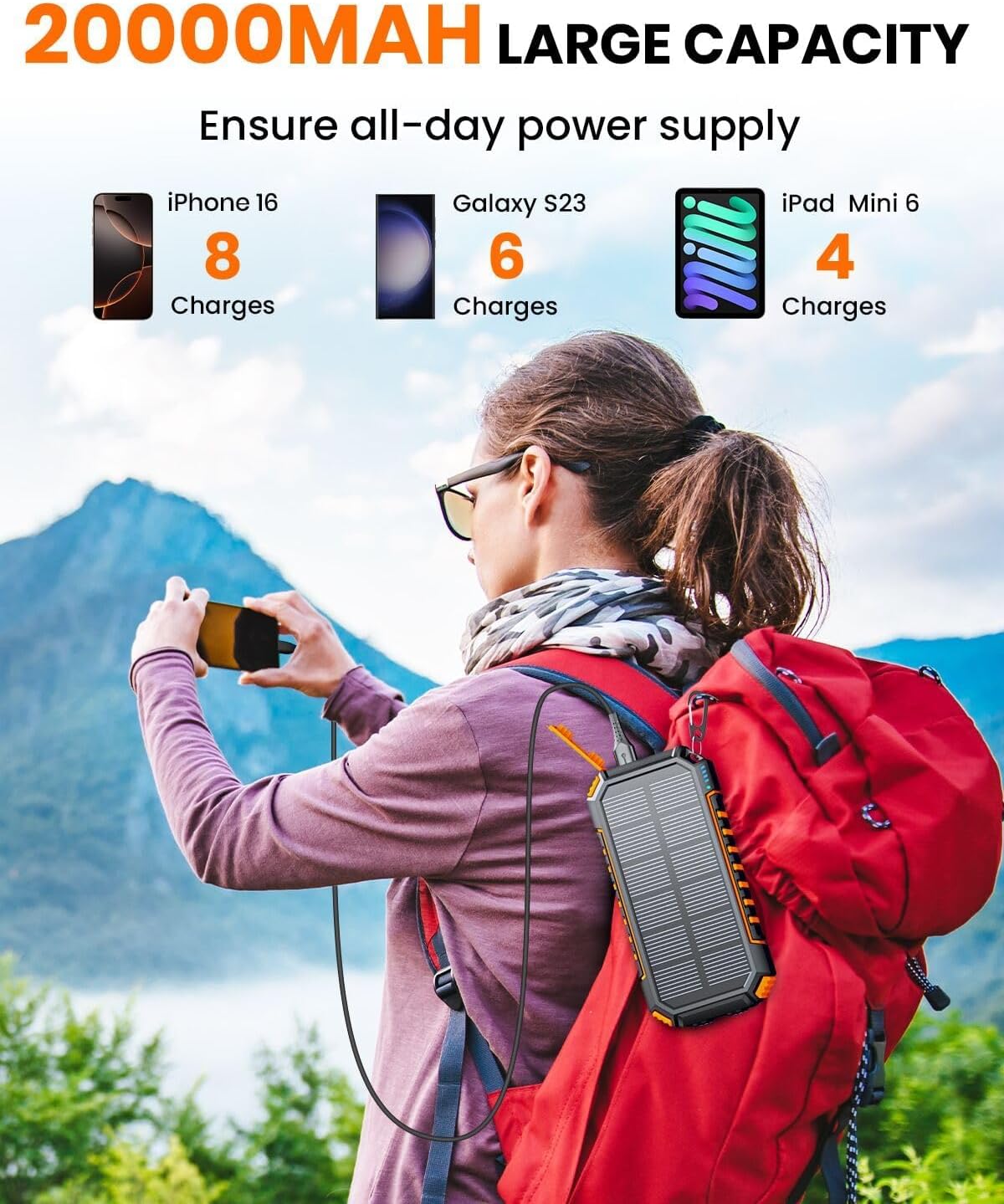 Thumbnail 1 de Riapow Solar Power Bank 20000mAh: 22.5W Wireless Solar Charger with Built-in Cables