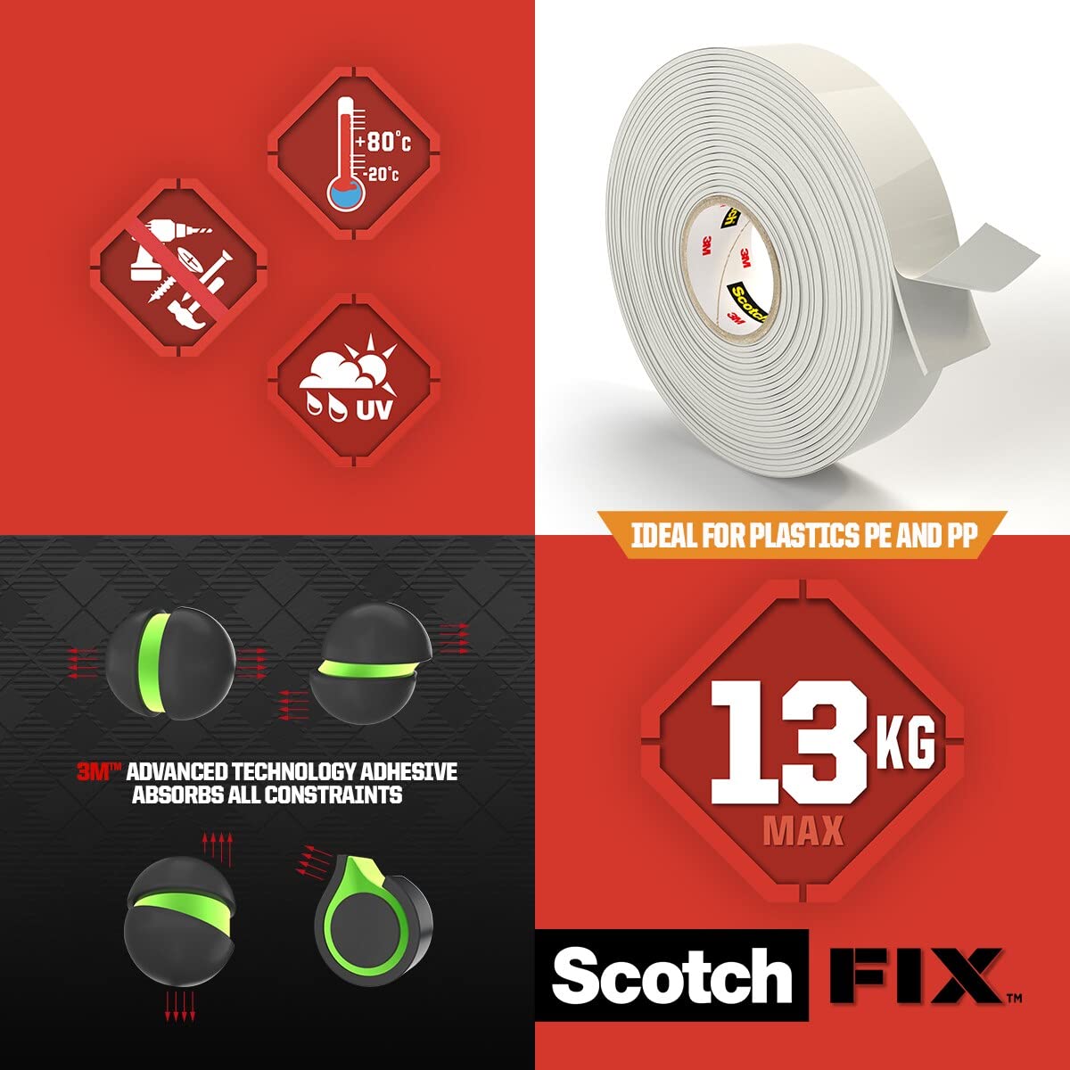 Thumbnail 5 de Scotch-Fix Ruban de Fixation Extrême Double Face – 19 mm x 5 m, blanc, 3M, intérieur, jusqu’à 13 kg