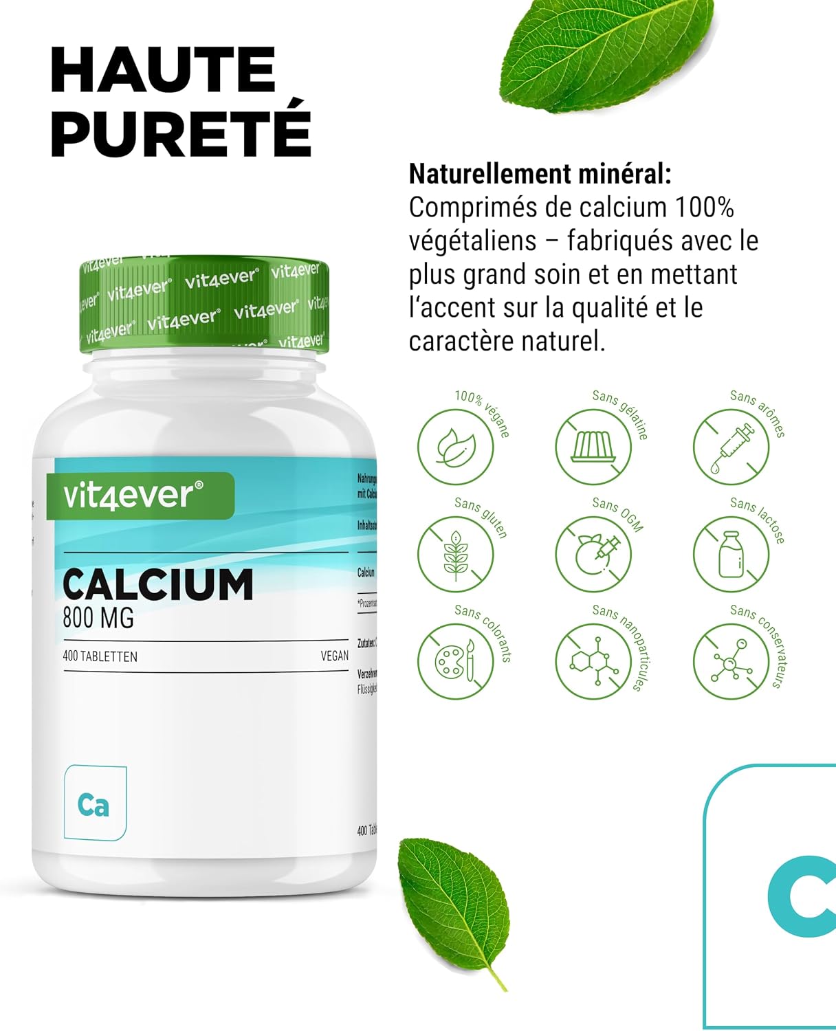 Detalle de vit4ever Calcium 800 mg (carbonate de calcium) – 400 comprimés, 6,6 mois de réserve