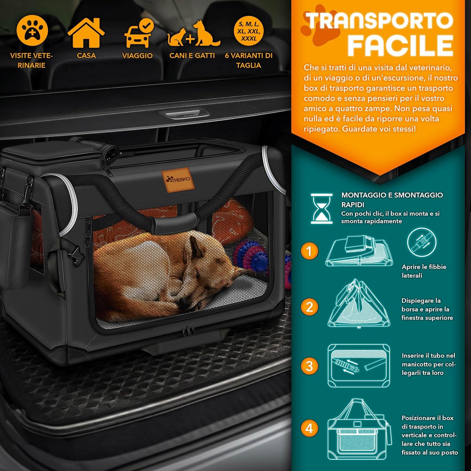 Thumbnail 6 de TRESKO® Box per cani pieghevole con tappetino e spatola: trasportino robusto per cani e gatti di tutte le taglie (M, 61 x 42 x 42 cm) – nero