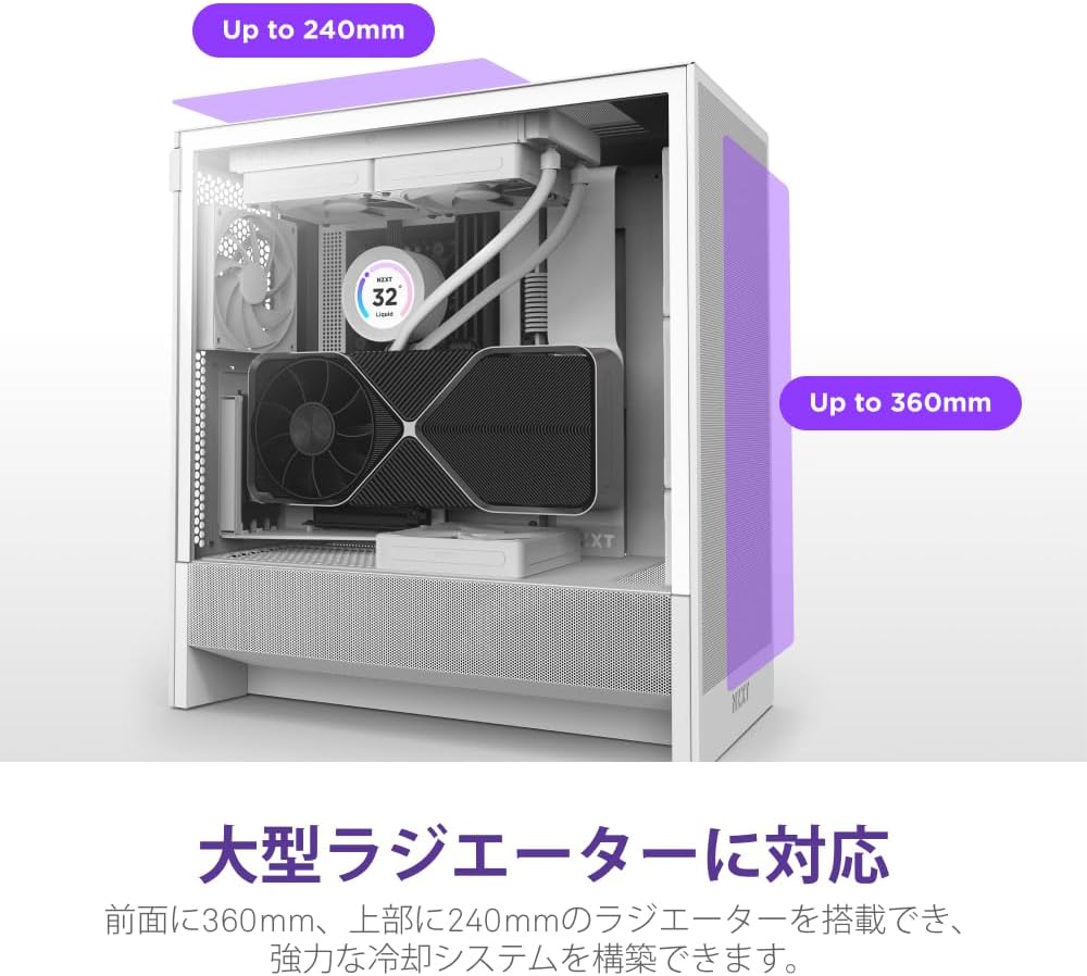 Detalle 1 de NZXT H5 Flow v2 CC-H52FW-01 ミドルタワーPCケース、メッシュパネル・120mmファン2基搭載