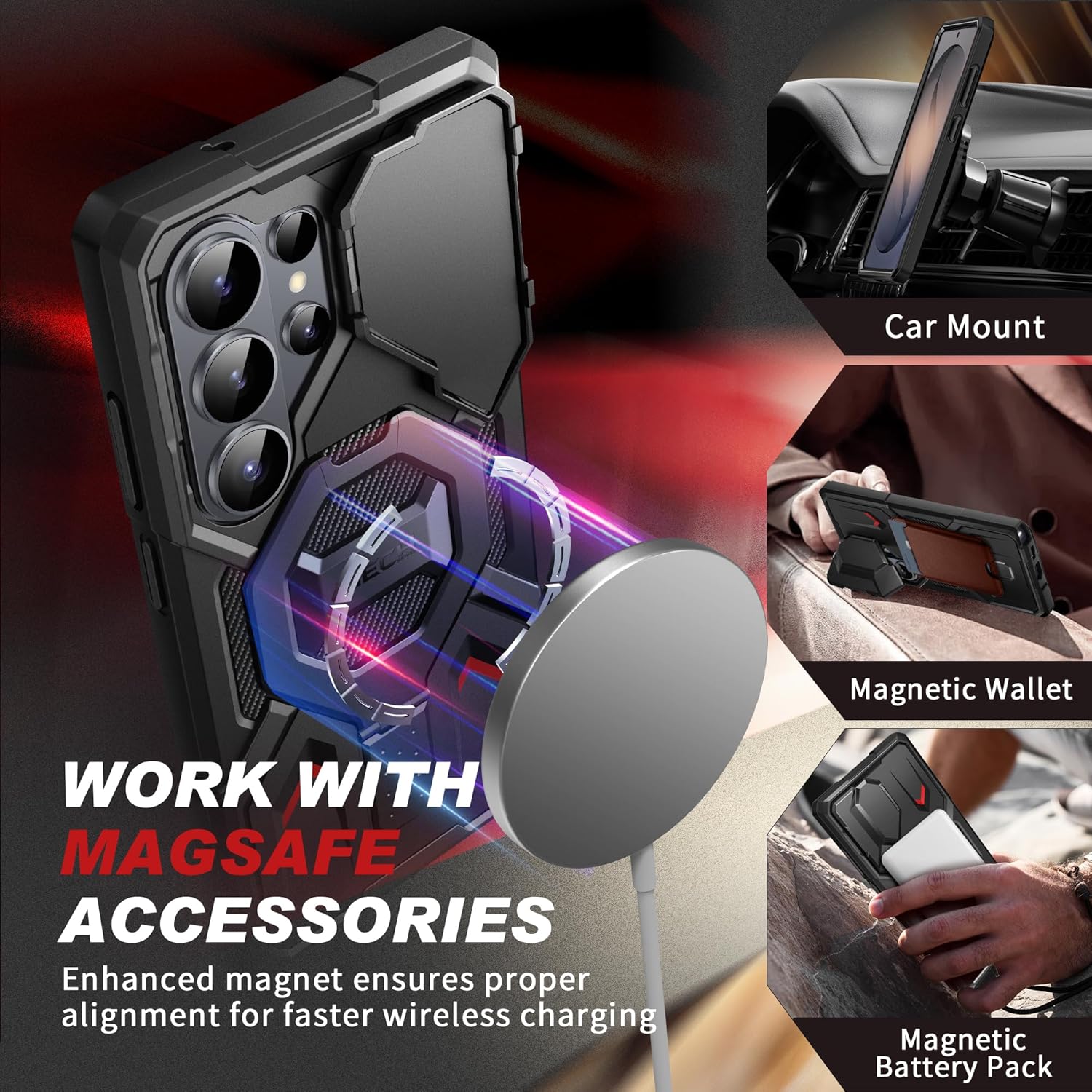 Thumbnail 2 de TONGATE Magnetic Stand Case for Samsung Galaxy S26 Ultra (MagSafe compatible) with Kickstand, Camera Cover & Belt Clip, Black