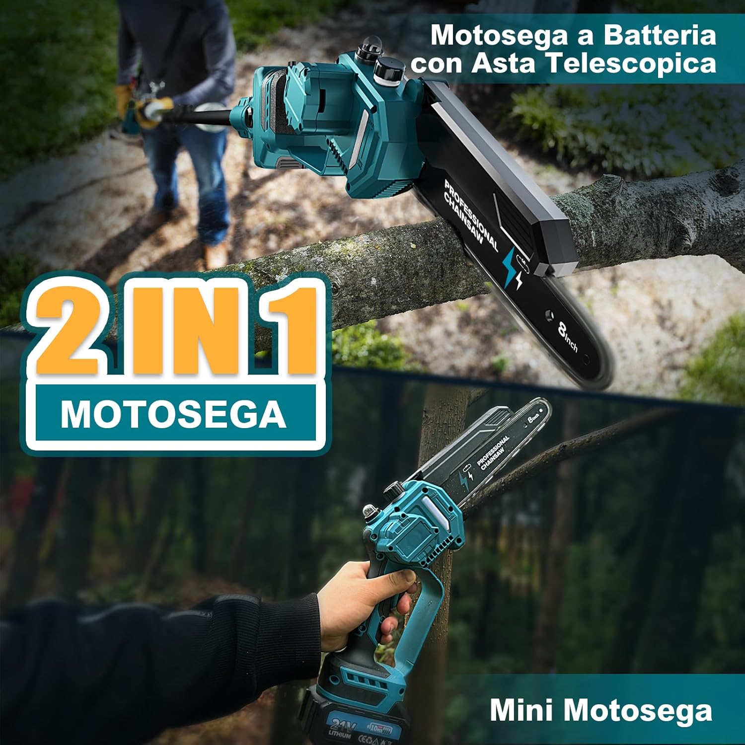 Thumbnail 1 de 2-in-1 Mini Motosega a Batteria 8" con Asta Telescopica e 2×4000mAh 🪚