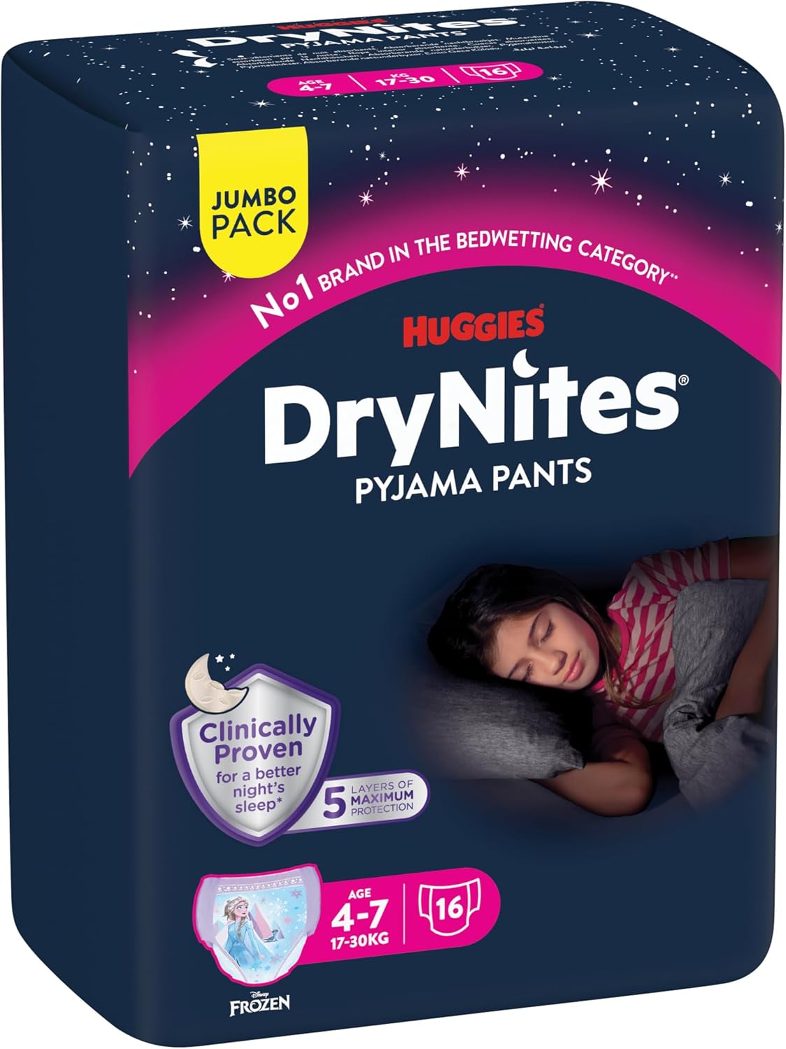 Detalle 2 de Huggies DryNites Nachtwindeln für Mädchen 4–7 Jahre, Disney-Design, 4×16 (64 Stück)