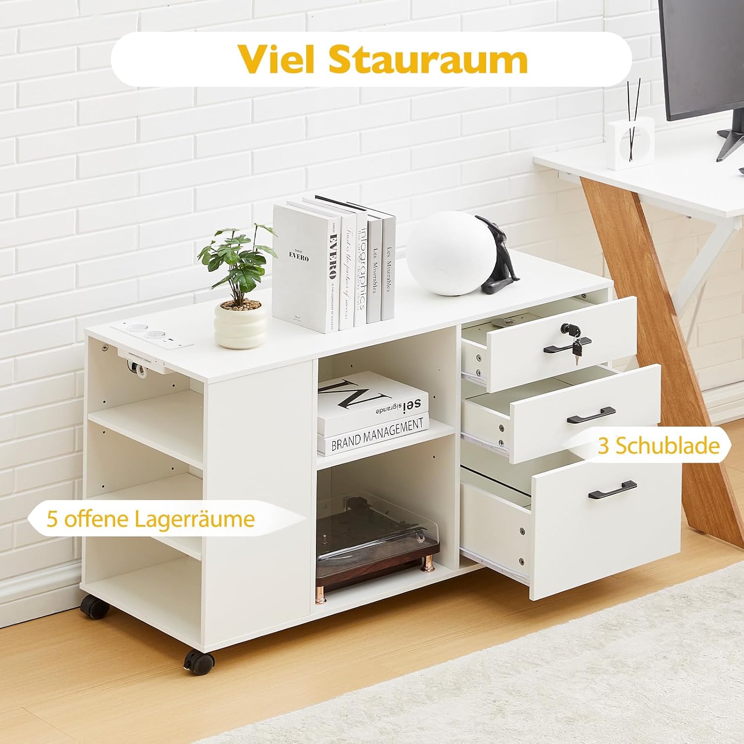 Thumbnail 6 de CLIPOP Rollcontainer abschließbar mit 5 Rollen, 3 Schubladen und Steckdose – mobiler Bürocontainer für Büro & Zuhause, weiß