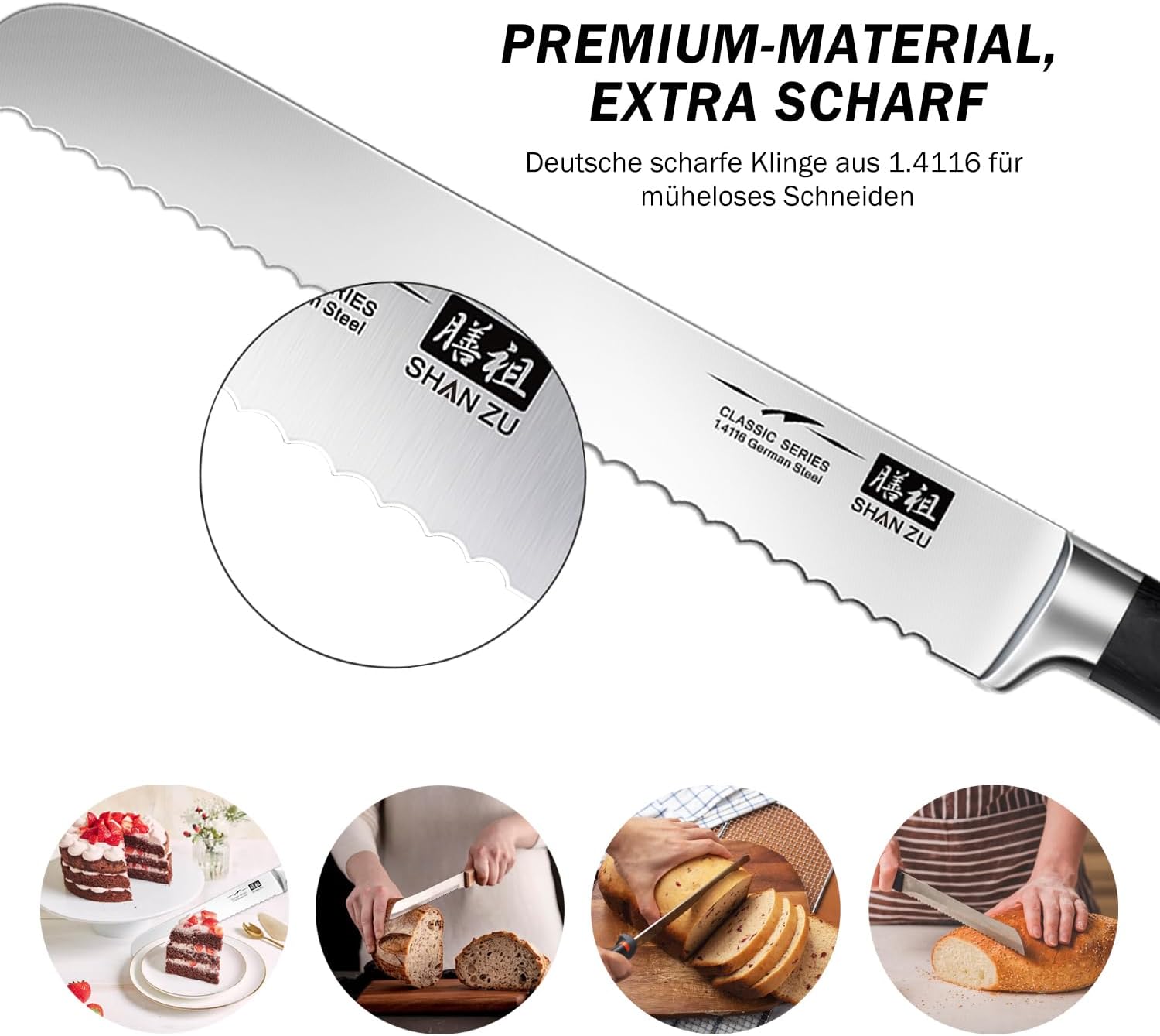 Thumbnail 3 de SHAN ZU Brotmesser 20 cm – gezackte Klinge aus deutschem Edelstahl, Pakkwood-Griff