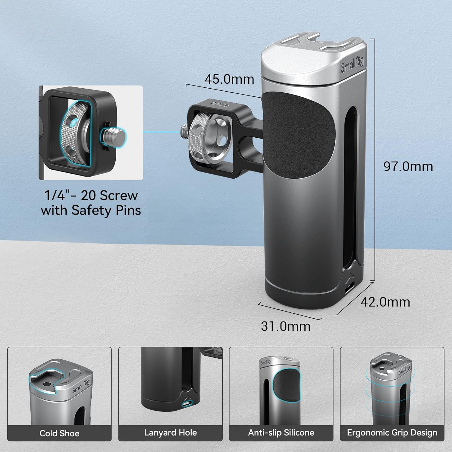 Detalle de SMALLRIG Mini Side Handle for Phone Cage (3894): Up/Down Adjustable, 1/4''-20 Threads & Cold Shoe