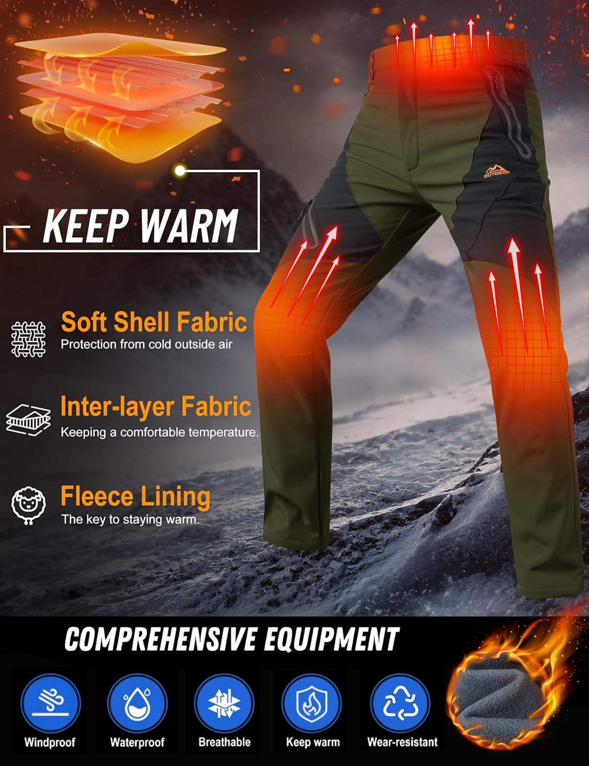 Detalle de TACVASEN Men's Winter Snow Pants with Fleece Lining and 4 Zip Pockets
