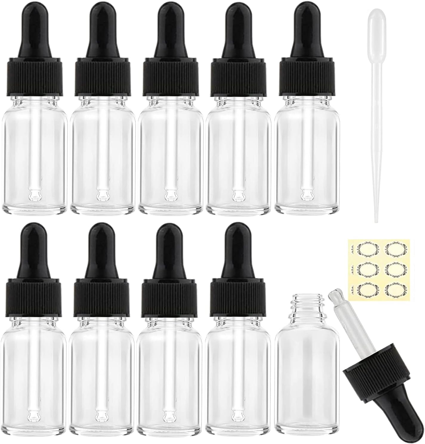 Detalle de Alledomain 10Pcs 10ml Glass Dropper Bottles with Black Cap – Refillable Essential Oil Containers