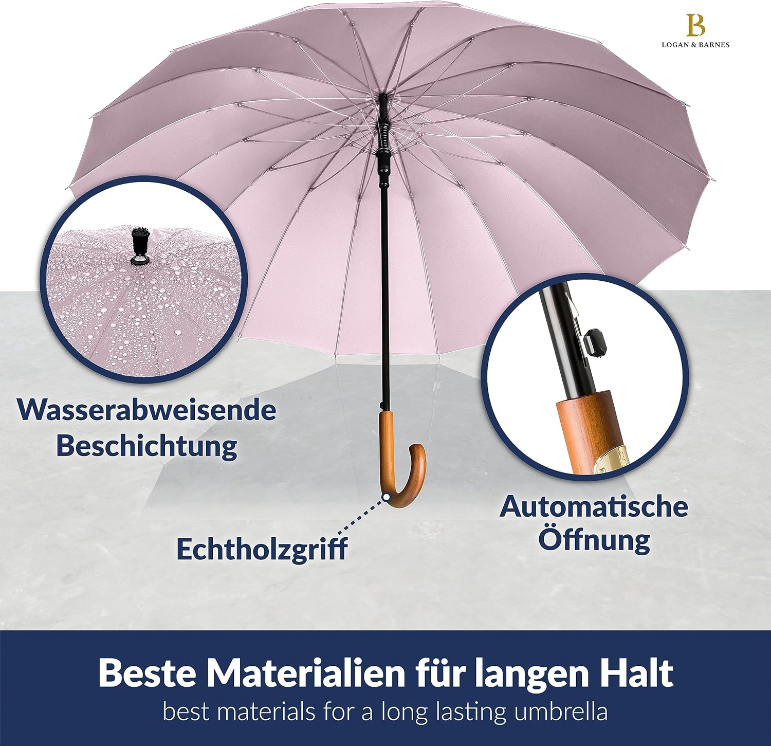 Detalle de LOGAN & BARNES Edinburgh XXL Stockschirm – Sturmfest Ø120 cm mit Echtholzgriff