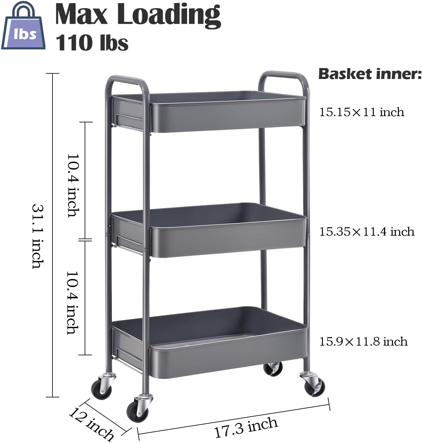 Detalle de TOOLF WK131218 3-Tier Metal Rolling Cart, Gray, Screwless Assembly