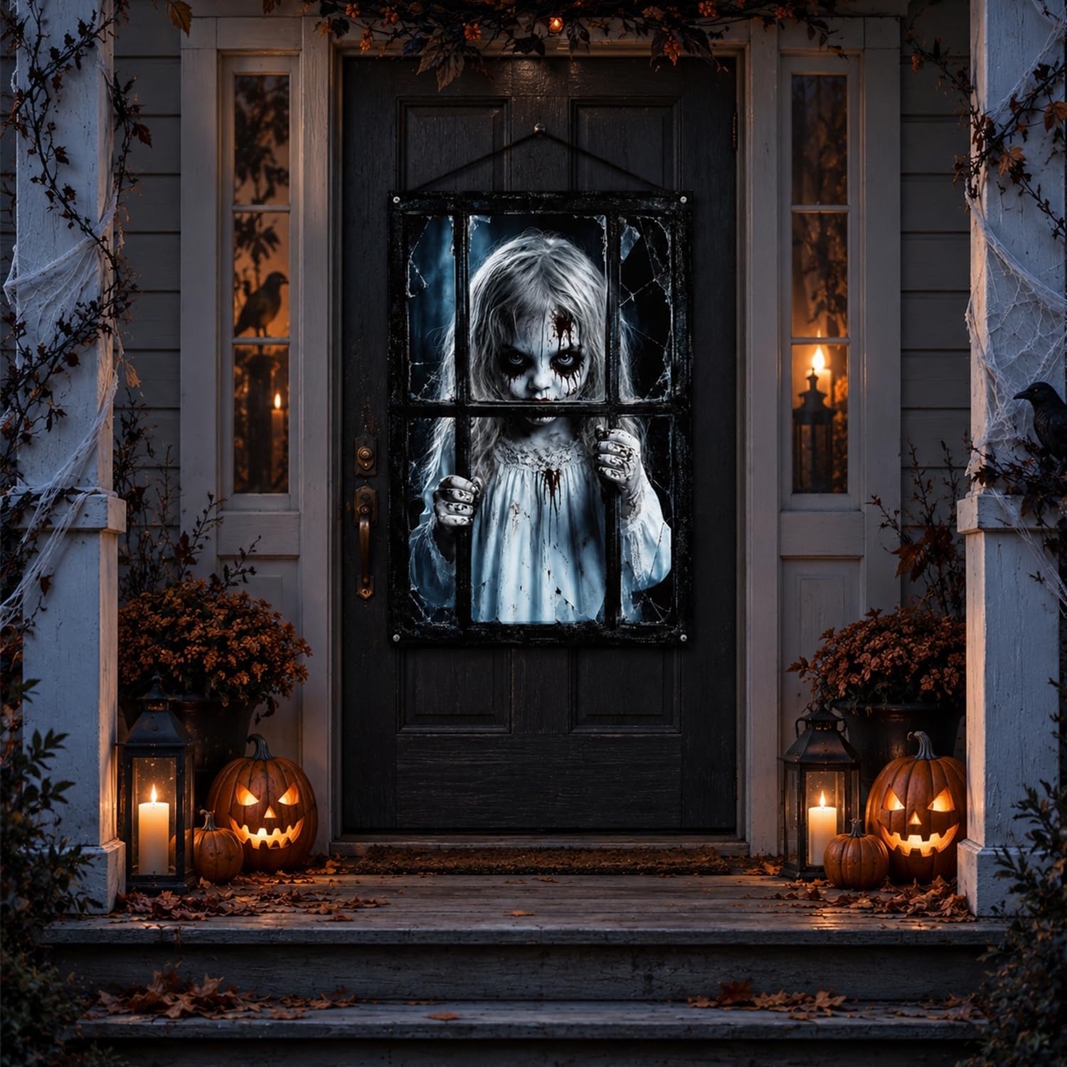 Detalle 2 de Kaiyingxin 072901 Halloween-decoratiedoek 80 x 120 cm met horrormeisje