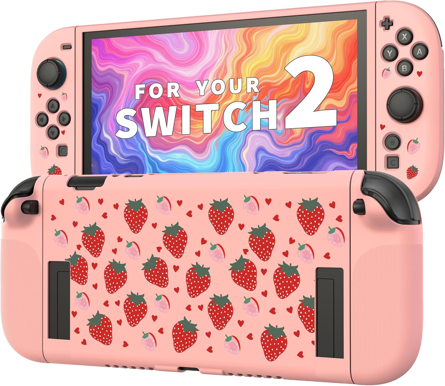 Textured Grip Protective Case for Nintendo Switch 2 (2025) in Cute Pink Strawberry Design – Matte Shockproof TPU Shell
