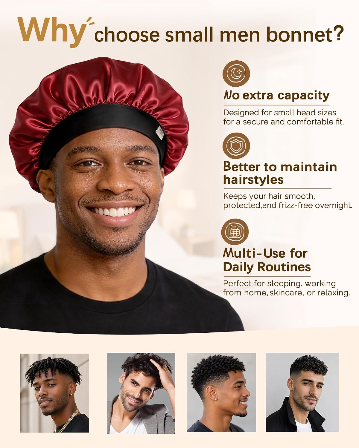 Detalle de YANIBEST Small Satin Bonnet for Men, Double-Layer Night Cap for Short Hair