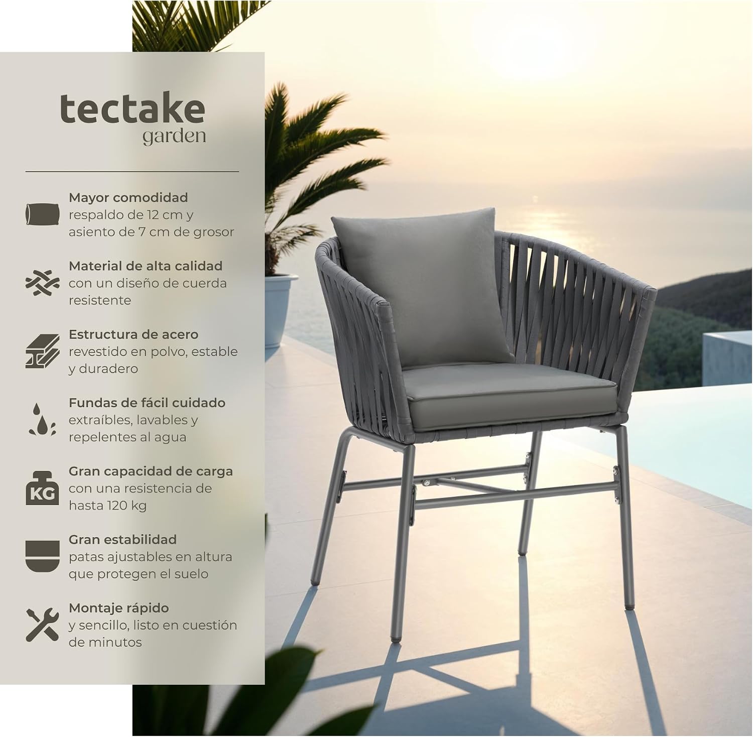 Detalle 2 de tectake® Sillas Jardin Exterior con Cojines 7 cm