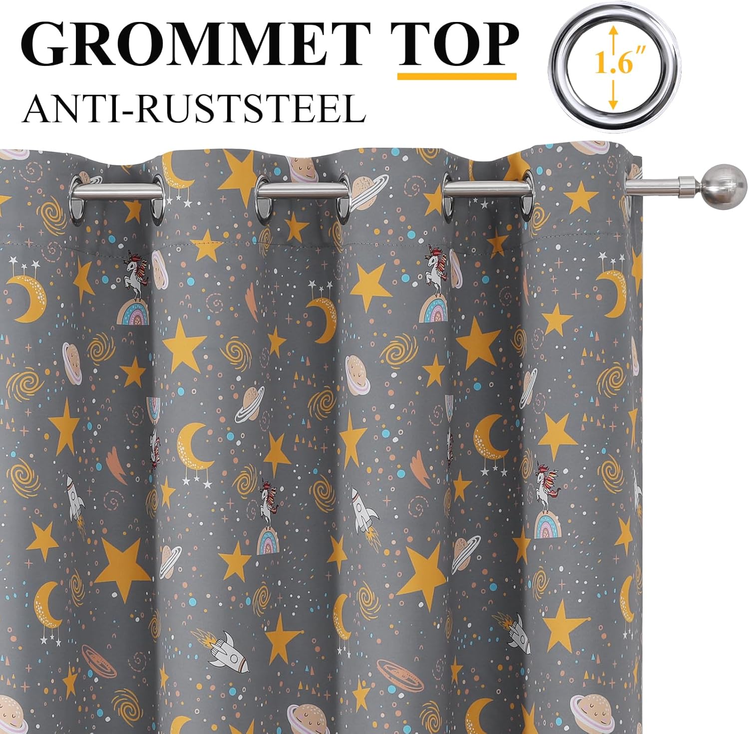 Thumbnail 3 de VEHEDE Unicorn Blackout Curtains – 2 Panels, 52x84 Inches, Grey Galaxy Kids Room