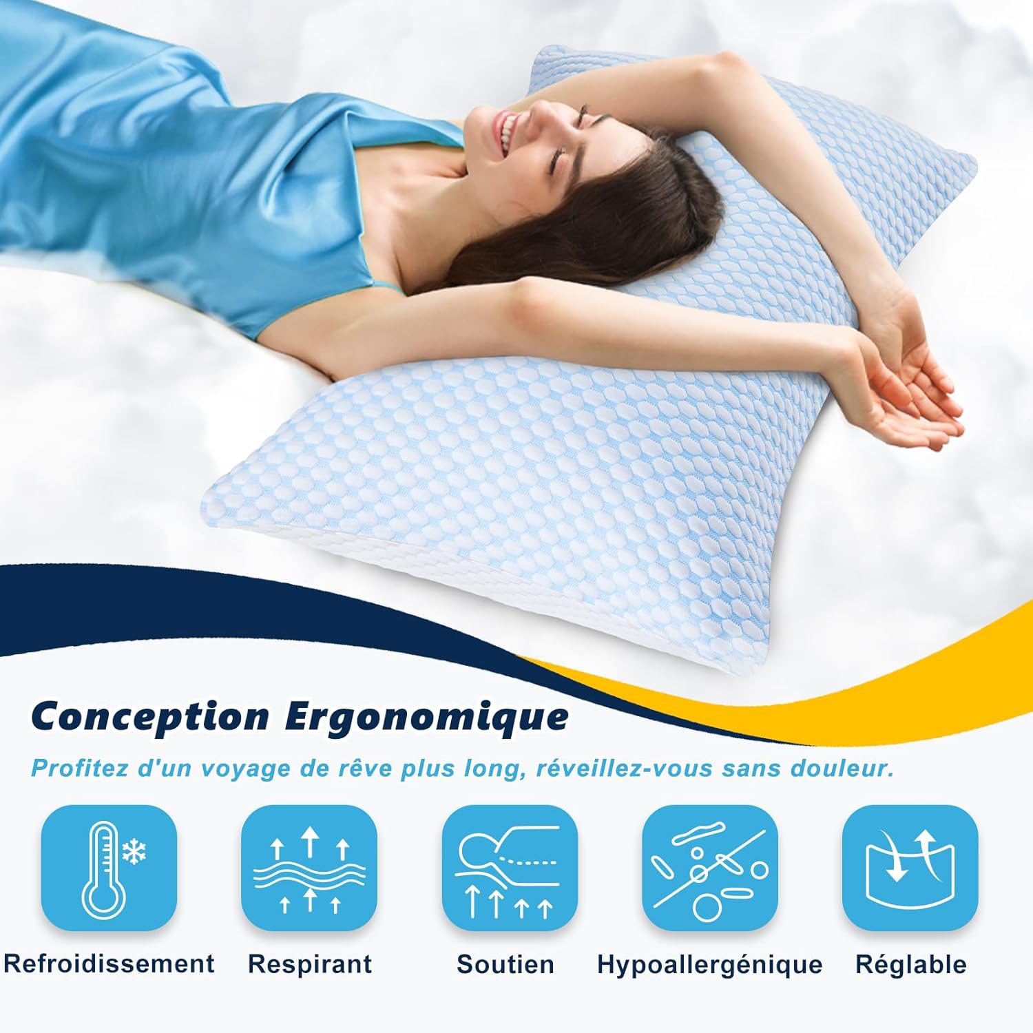 Thumbnail 3 de Oreiller en mousse à mémoire de forme WVIOWVI 50x70 cm, réglable et ergonomique