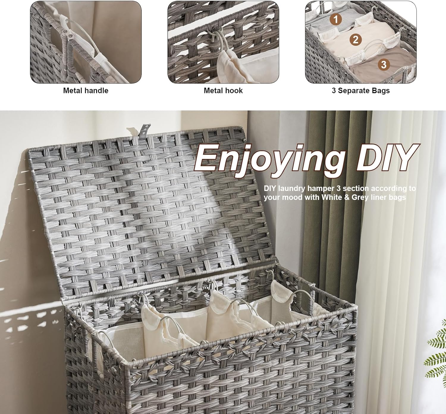 Thumbnail 5 de Laundry Hamper 190L 3-Section with Lid