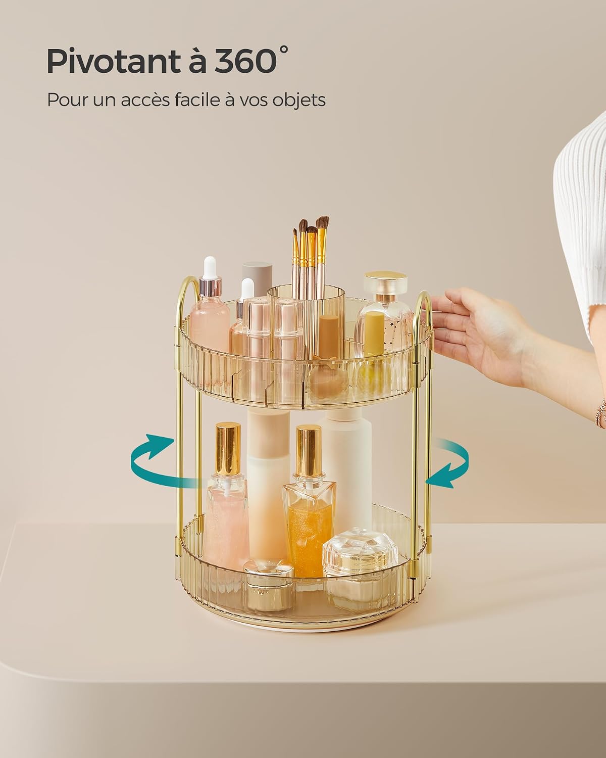 Detalle de SONGMICS Organisateur Maquillage Rotatif JKA012A01 – Deux niveaux, separable, doré champagne