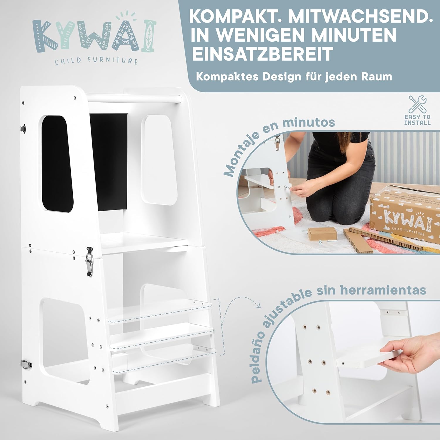 Thumbnail 5 de KYWAI Montessori Lernturm ab 1 Jahr – 2-in-1 klappbar, Tisch- und Lernturm aus Massivholz