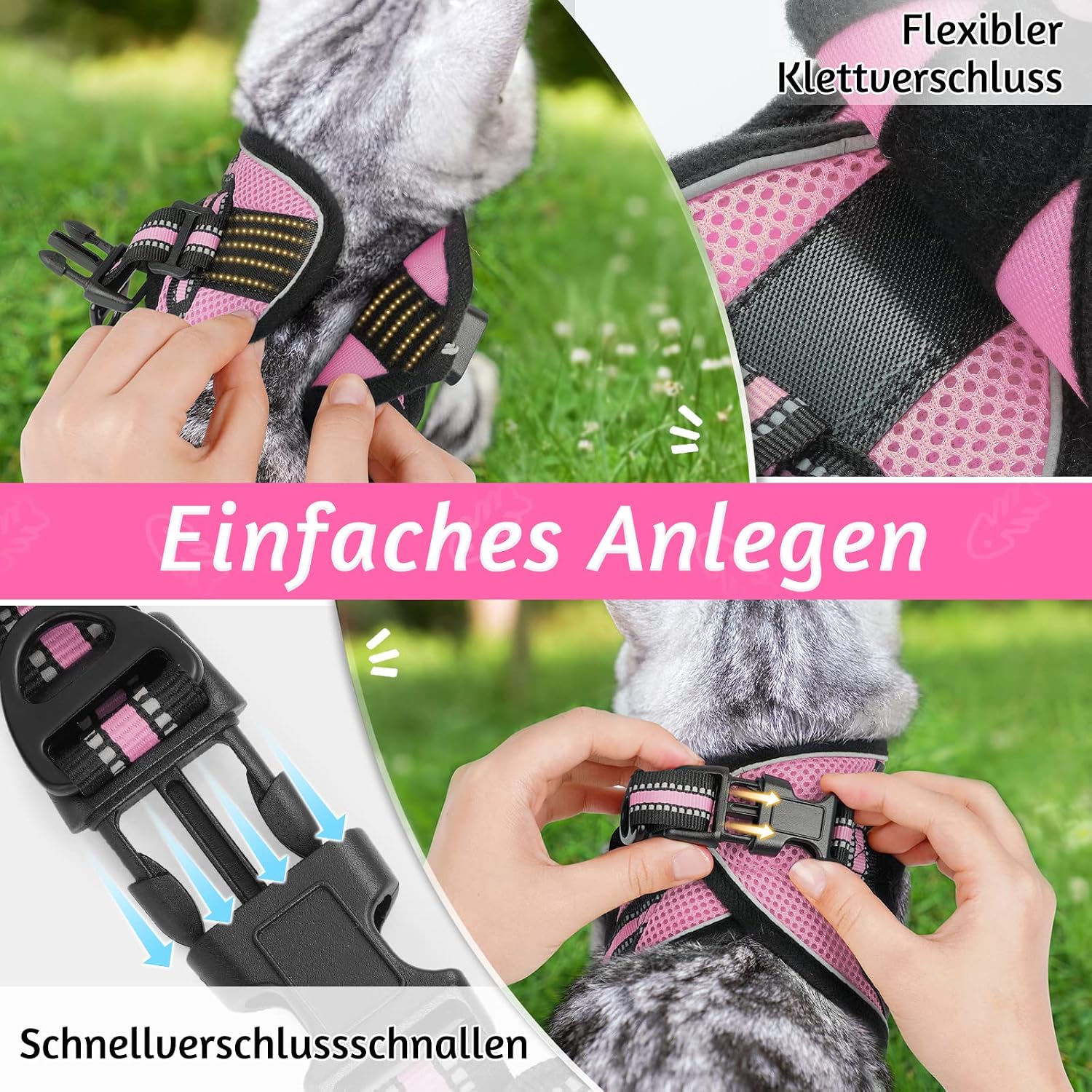 Detalle de rabbitgoo Katzengeschirr mit Katzenleine-Set (ausbruchsicher, verstellbar) Rosa – für Kitten & Welpen