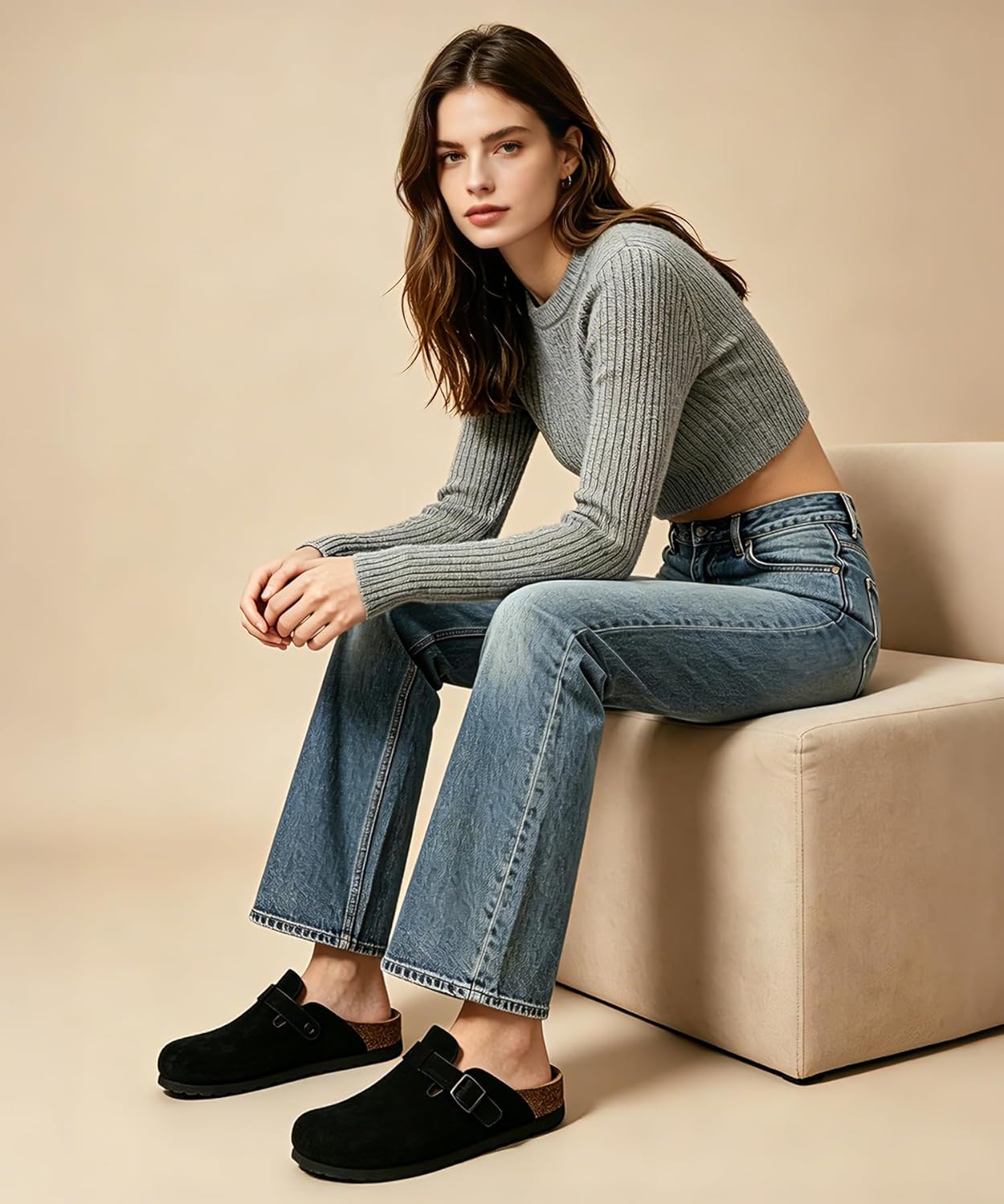 Thumbnail 1 de KIDMI Genuine Suede Clogs for Women with Cork Footbed, Arch Support & Adjustable Metal Buckle Straps