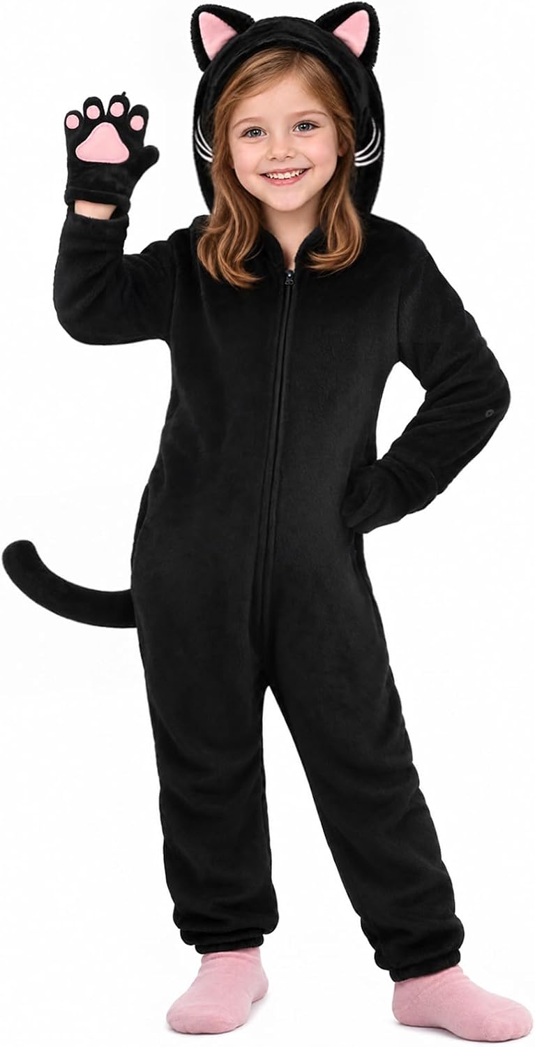 Detalle de GiftInTheBox Black Cat Costume for Kids, Polyester Hooded Onesie with Tail and Gloves