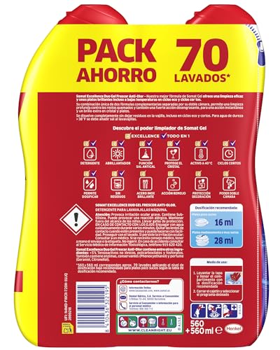 Thumbnail 1 de Somat Excellence Duo Gel Frescor Anti-Olor (2x560 ml) detergente lavavajillas todo en 1 con vinagre