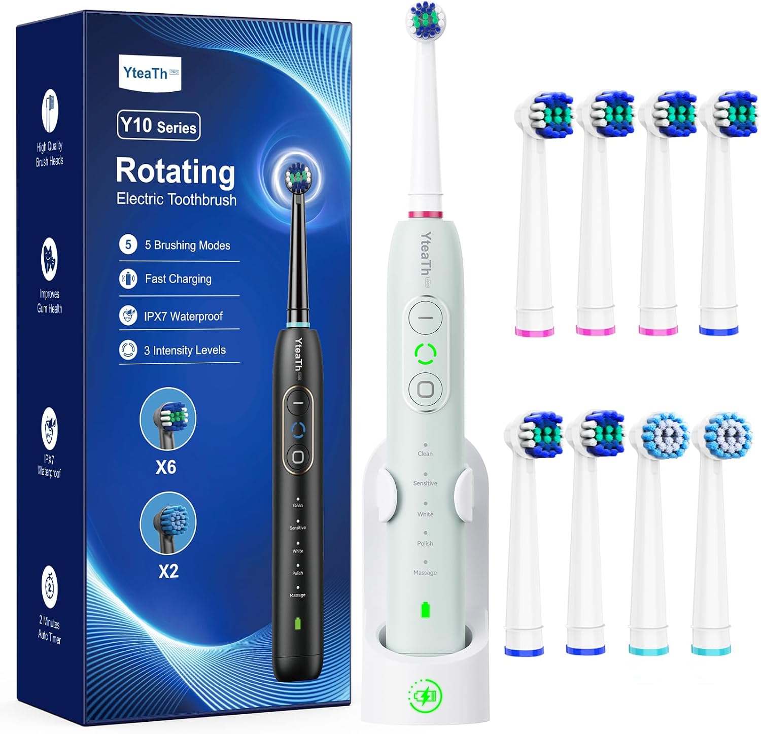 Detalle de YTEATH PRO Brosse À Dent Électrique Rotatives — Gencives Sensibles, 8 Têtes, 5 Modes et 3 Intensités