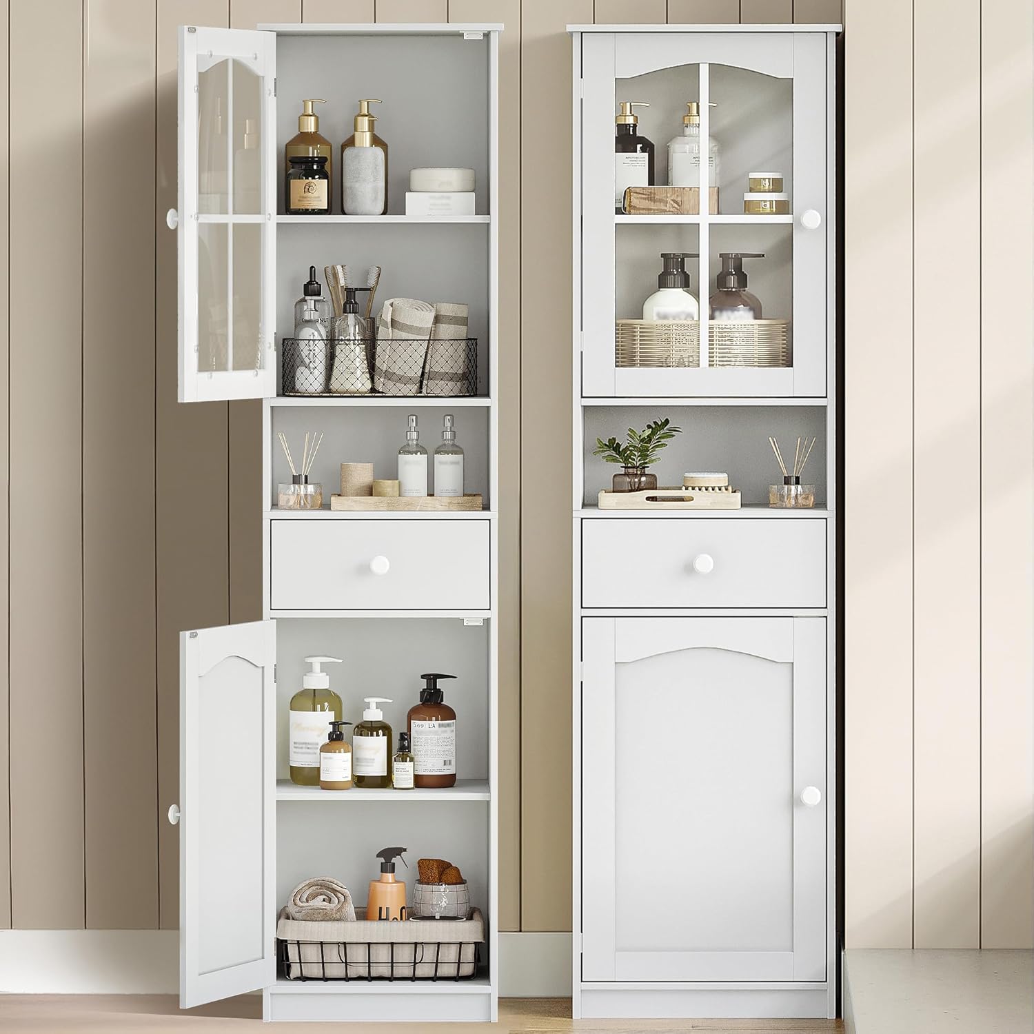 Detalle de Hzuaneri Meuble Salle de Bain SC10003X : Armoire haute blanche à porte vitrée et tiroir