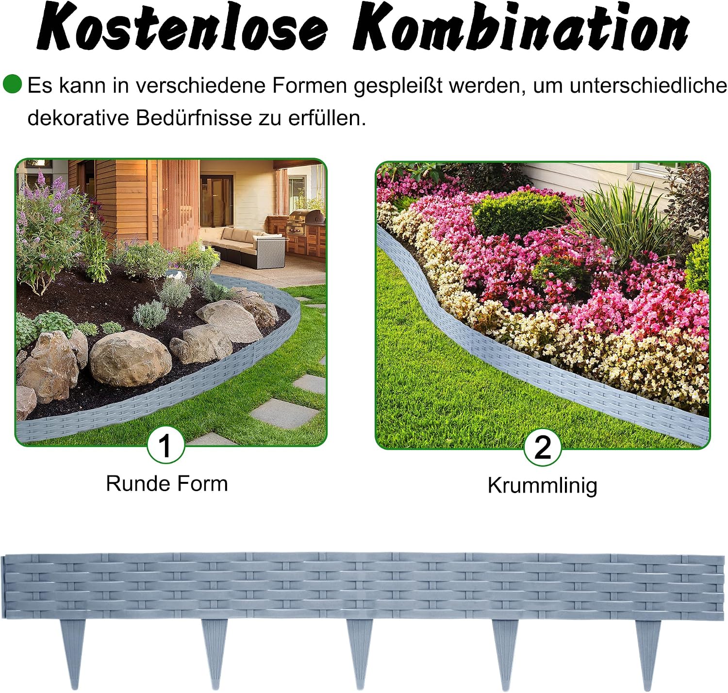 Detalle de Aufun 20m Rattan Rasenkante – flexible Beetumrandung aus PP mit 20 Elementen (100 cm), Grau