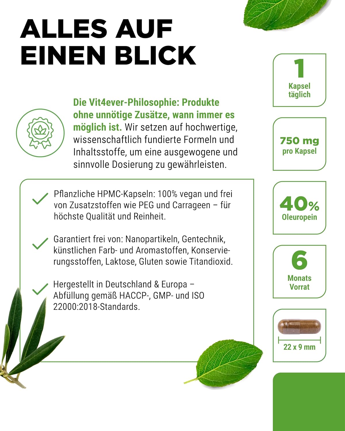 Detalle 2 de vit4ever Olivenblatt Extrakt 750 mg Kapseln 180