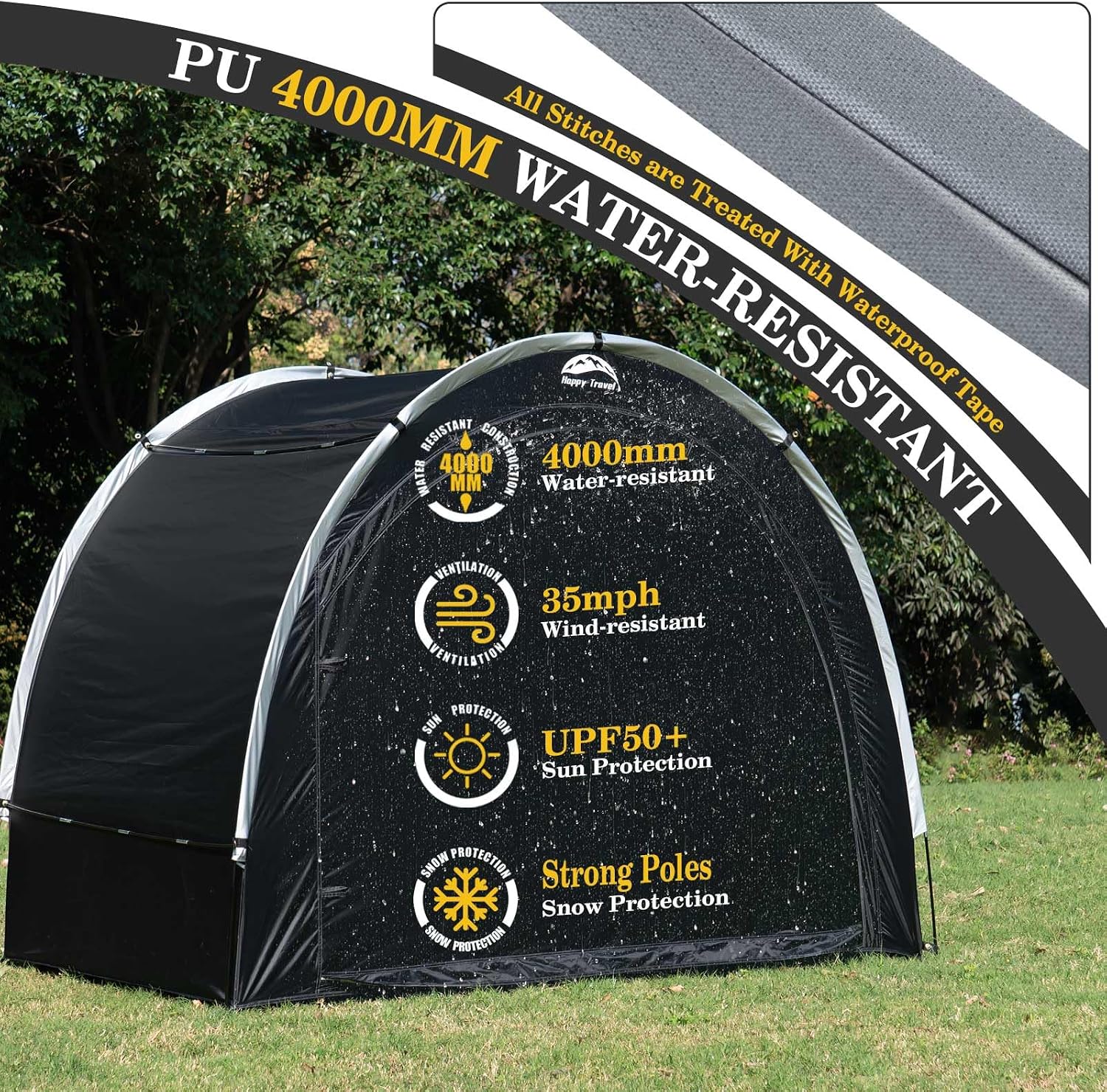 Detalle de HAPPY TRAVEL XXL for 4 or 5 Bikes-Black Bike Storage Tent, 210D Oxford, UPF 50+