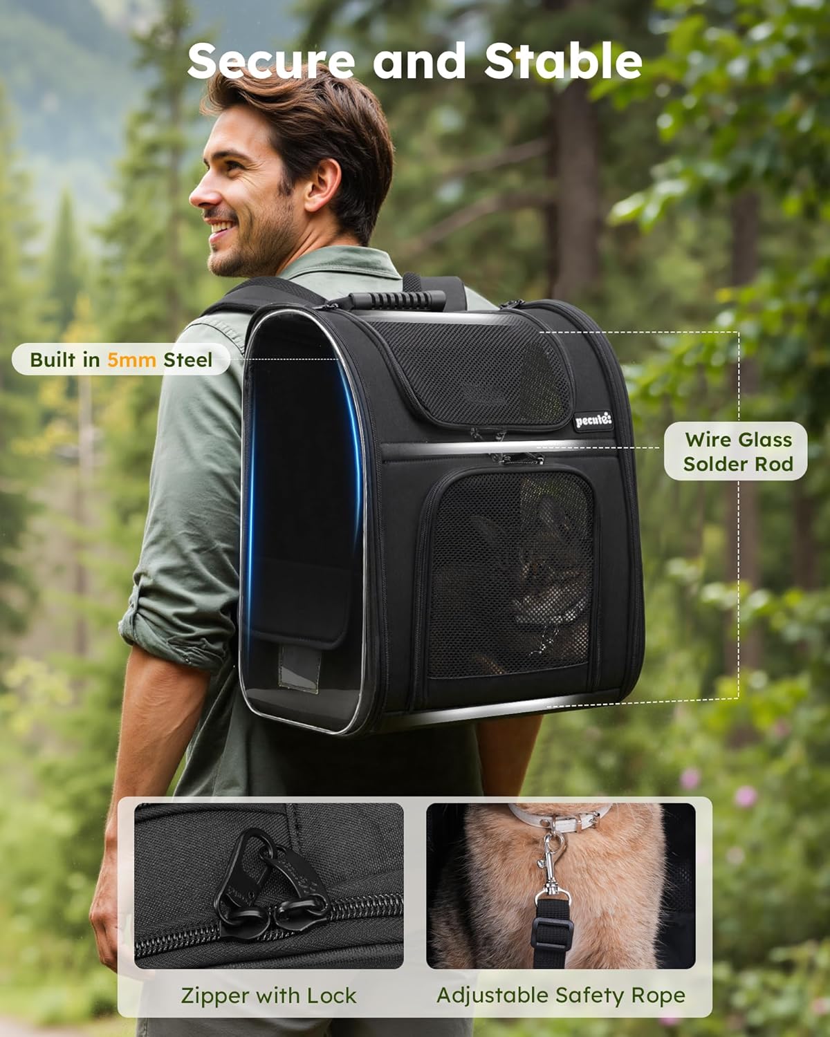 Thumbnail 3 de pecute Cat Carrier Dog Backpack (Portable Breathable) with Front Opening, Mesh Window and Pockets – Black