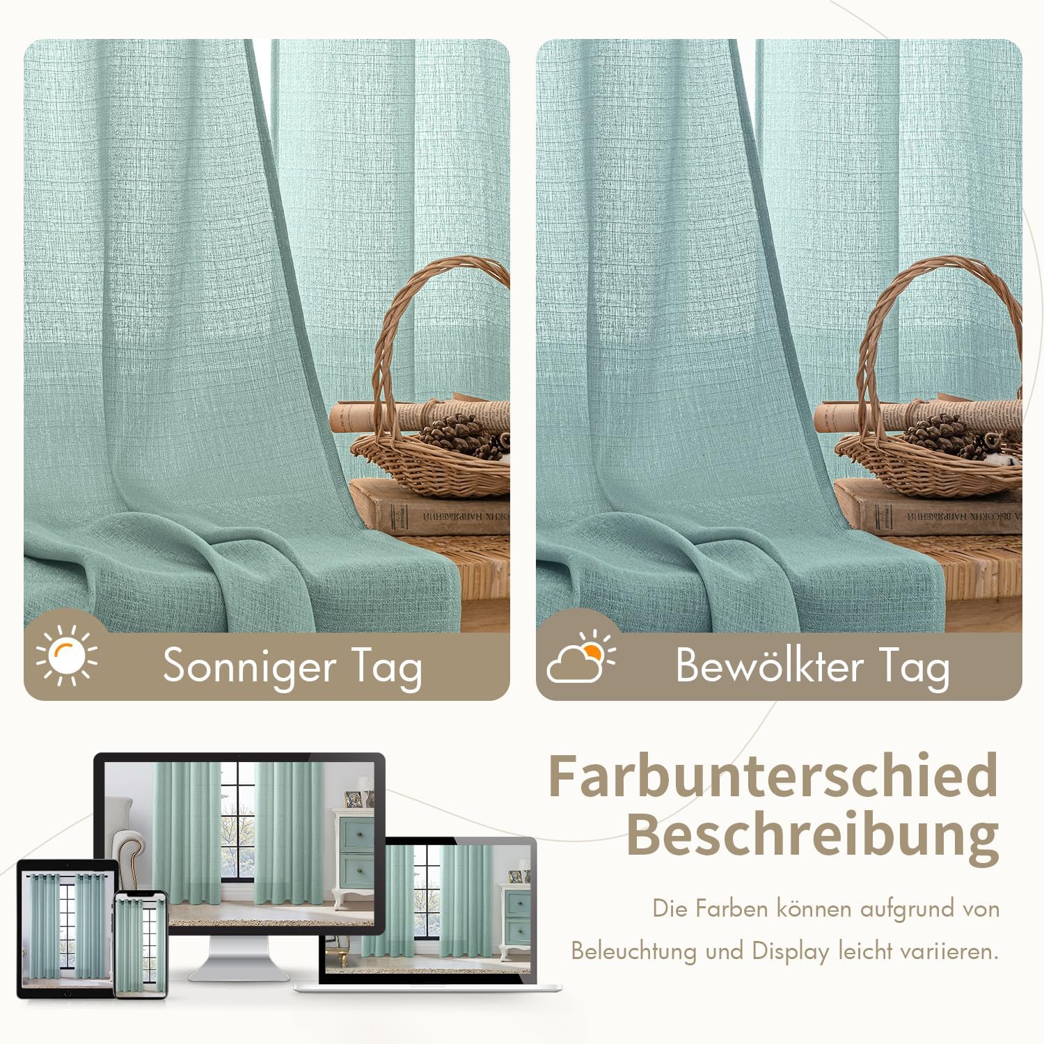 Detalle de MIULEE Vorhang Gardine 2er Set – Voile Vorhänge mit Ösen, Seegrün 140x215 cm (B x H) – Transparent, maschinenwaschbar