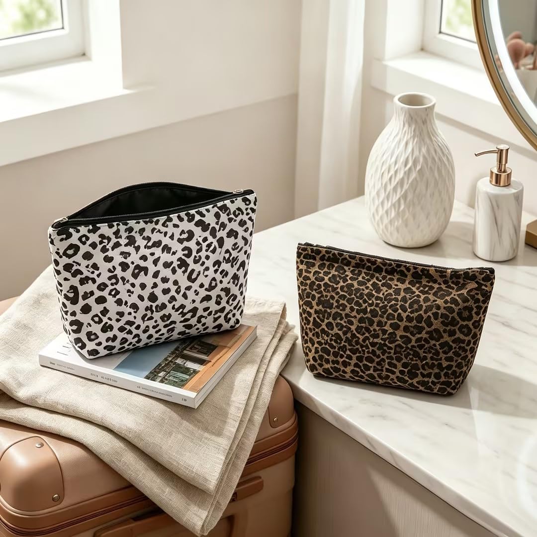 Detalle 2 de Neikafan Leopard Print 3-Piece Cosmetic Bag Set: Large Canvas Toiletry Organisers for Travel