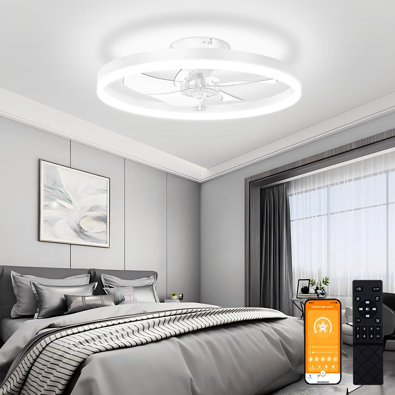 Detalle de VOLISUN 21273ZM Low-Profile Ceiling Fan with Light, 6 Speeds, Dimmable LED