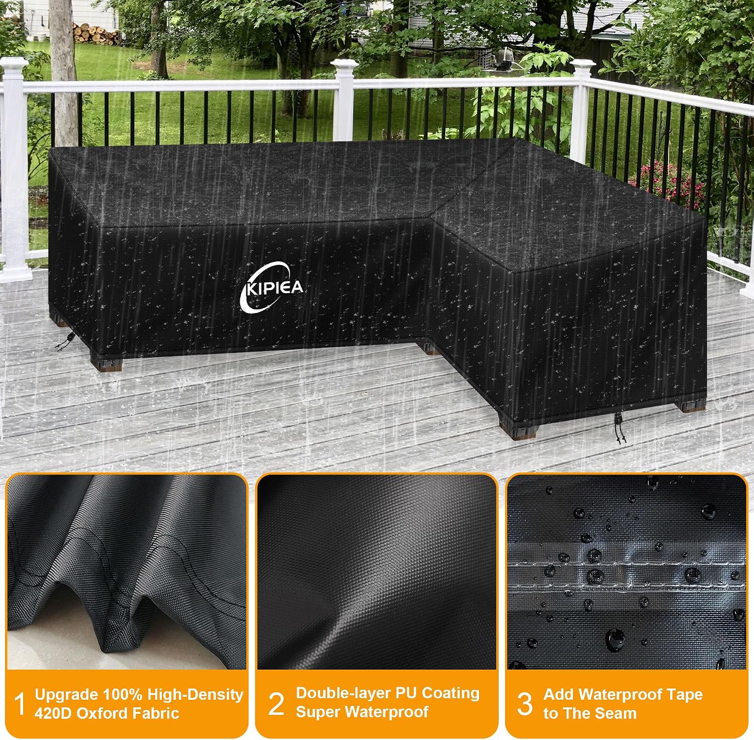 Detalle de Kipiea L Shaped Garden Furniture Cover: Waterproof 420D Oxford, Windproof & UV-Resistant for Outdoor Corner Sofas