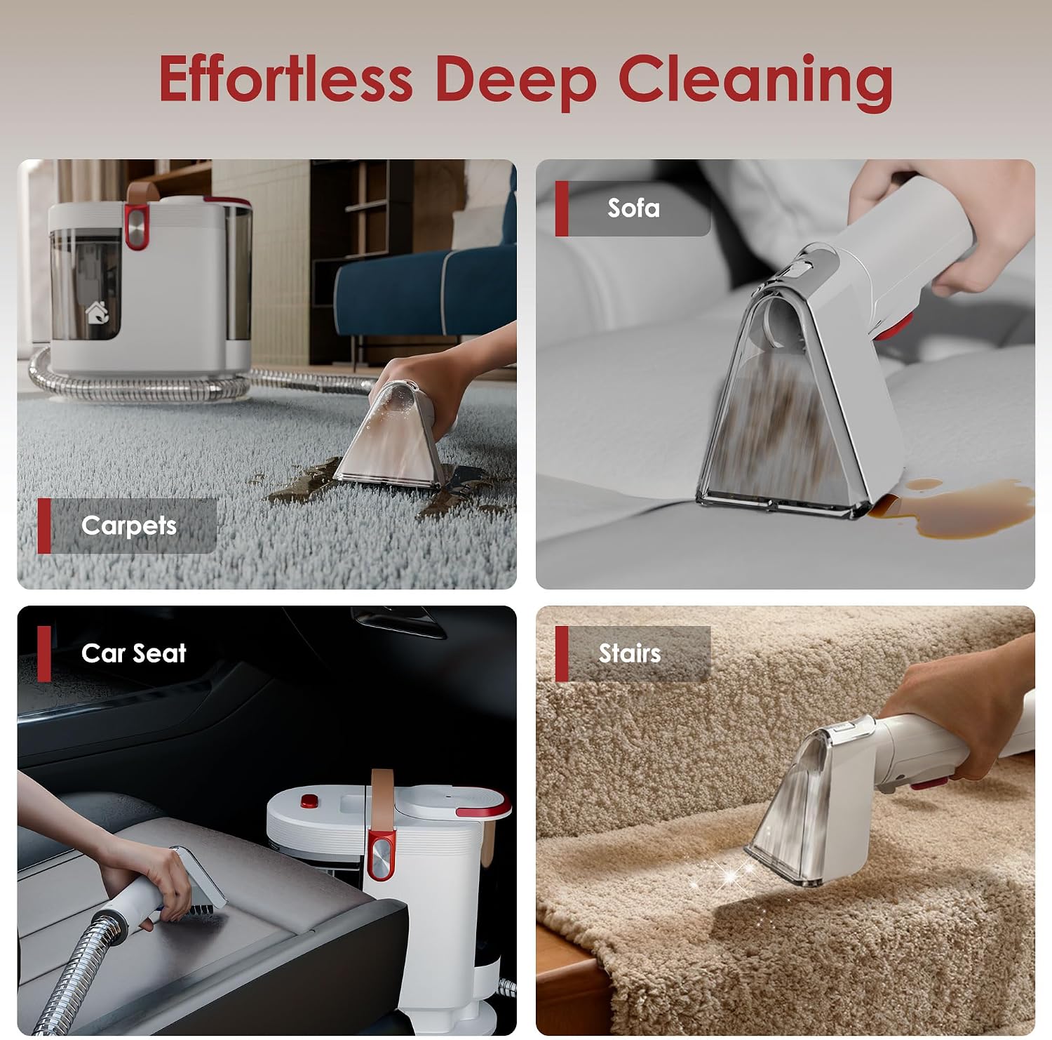 Detalle 2 de WURESE DY-508B Portable Carpet Spot Cleaner, 500W, Dual Tanks, Red