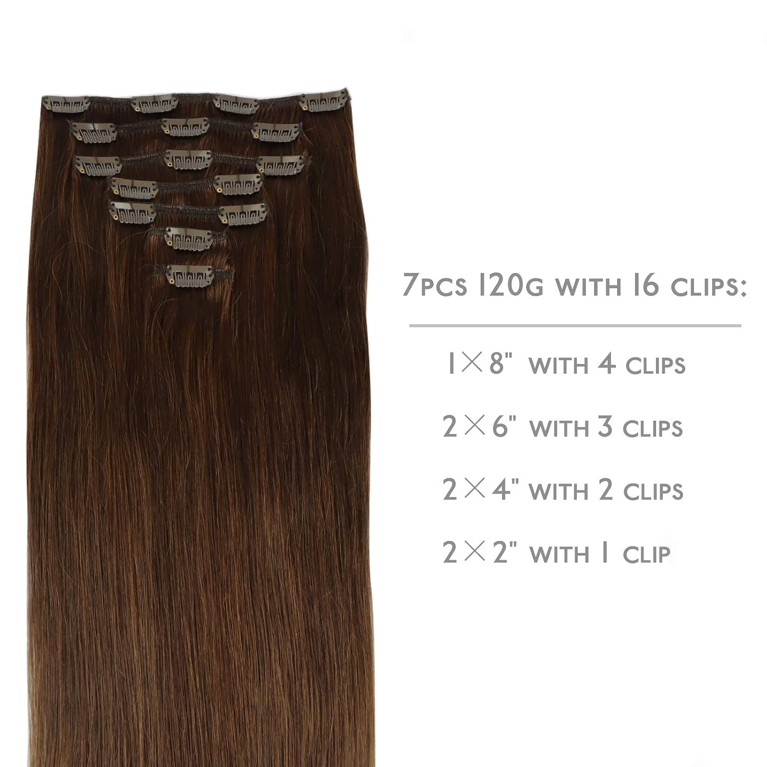 Detalle de WENNALIFE Clip-in Echthaar Extensions, 45 cm / 18 Zoll, 7 Teile, 120 g – Schokoladenbraun