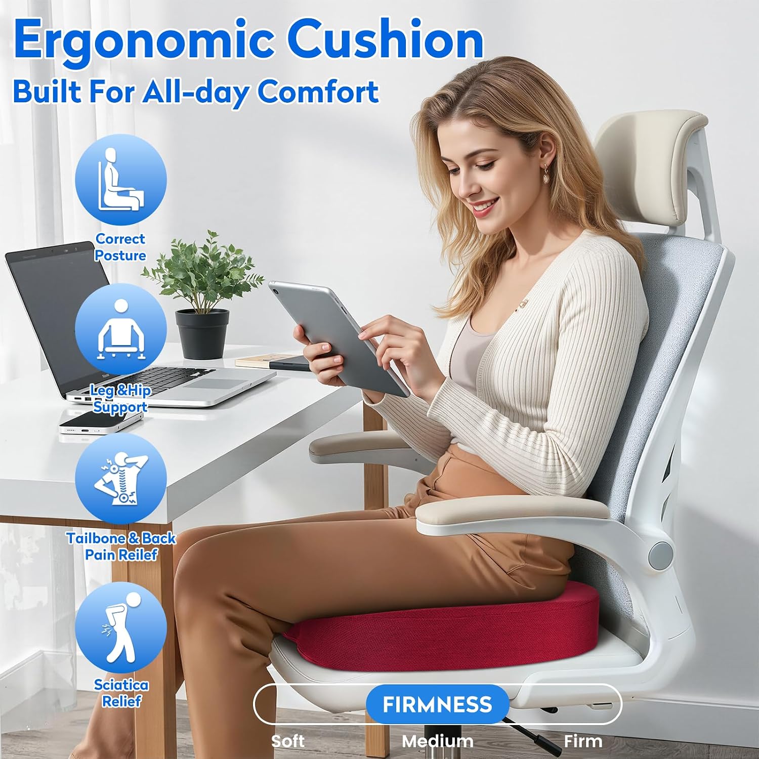 Detalle de CushZone MPN-CZ0004-RE Memory Foam Seat Cushion, Red, U-Shaped Cutout