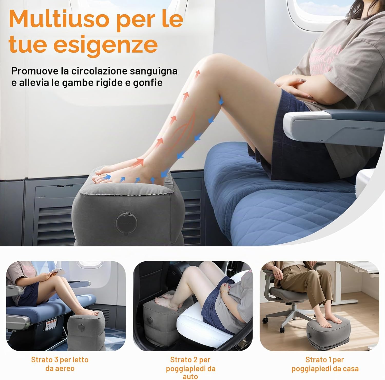 Detalle de Maliton poggiapiedi gonfiabile per aereo (borsa inclusa) – poggiapiedi da viaggio regolabile, grigio scuro