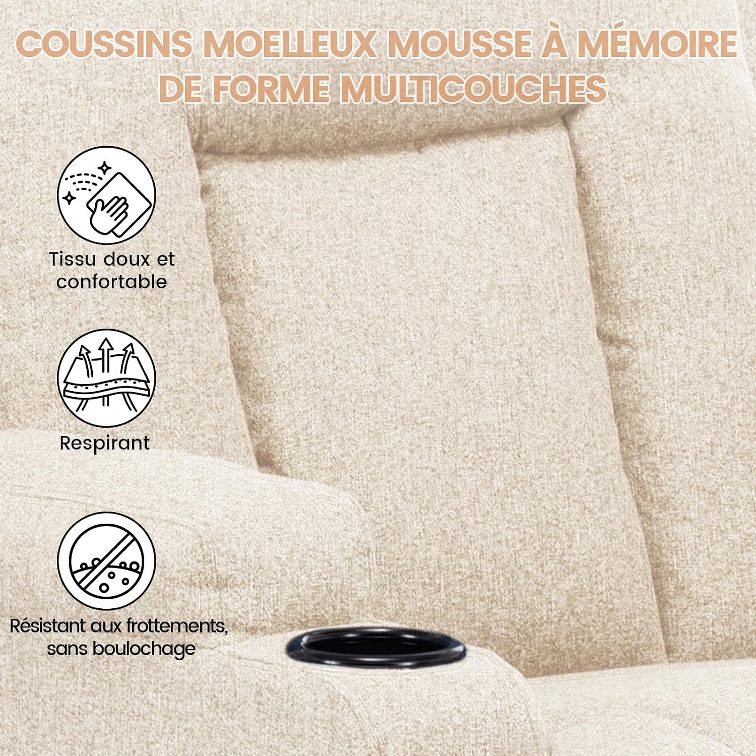 Thumbnail 2 de COMHOMA Fauteuil Relaxation en Tissu avec Inclinaison et Pivot 360° — Beige
