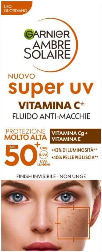 Detalle de Garnier Ambre Solaire Super UV Fluido Viso Anti Macchie SPF 50+ con vitamina Cg, effetto invisibile