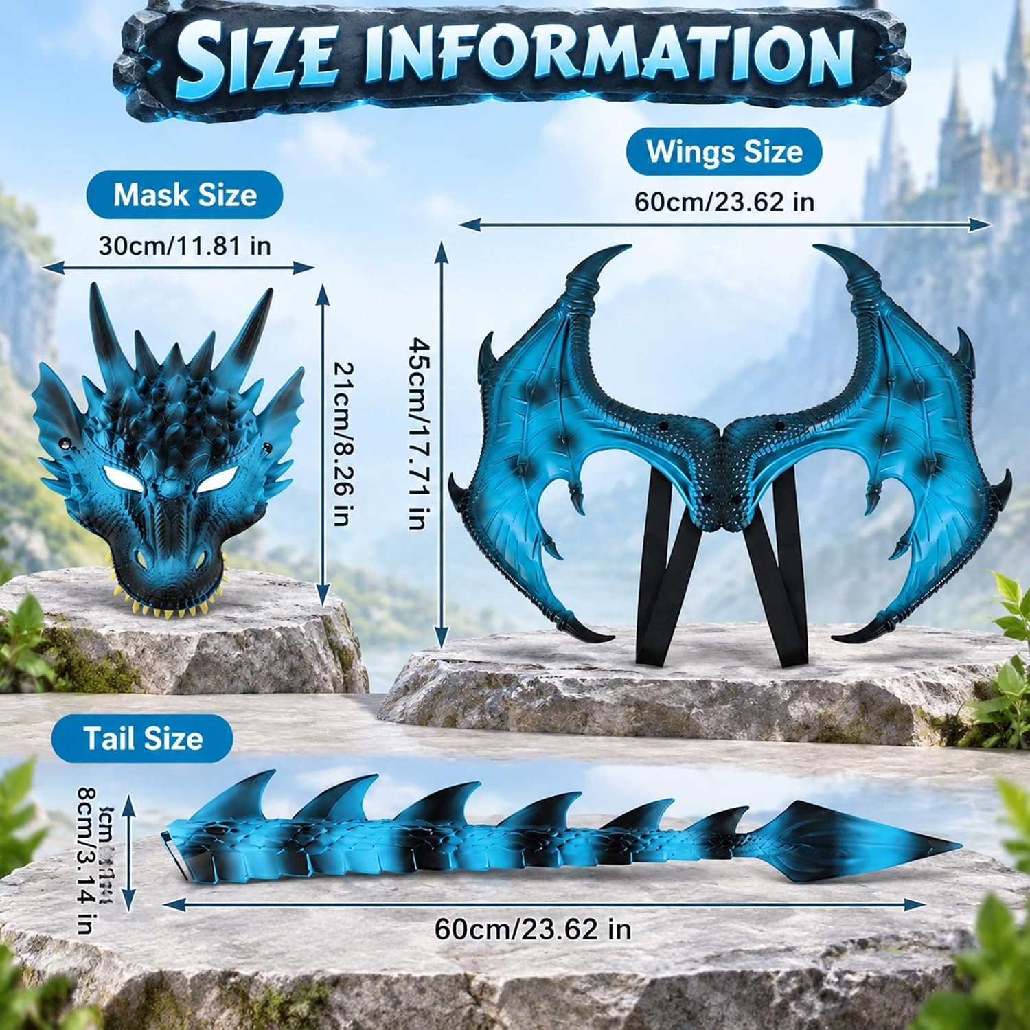 Detalle de CRTEPST Dragon Costume for Kids, Ice Blue Mask, Wings and Tail